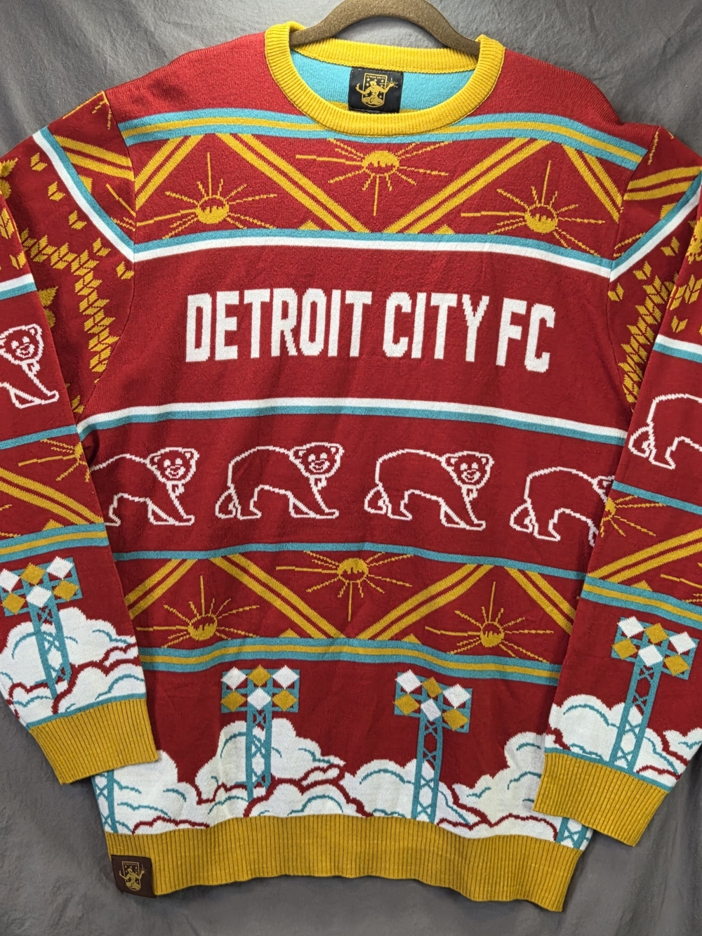 Official Detroit City FC Holiday Sweater Mens Size 3XL Red Gold Teal Soccer Knit